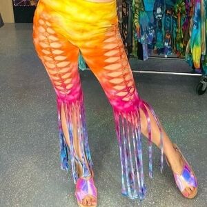 Zenana Outfitters Colorful Fringe Flare Pants